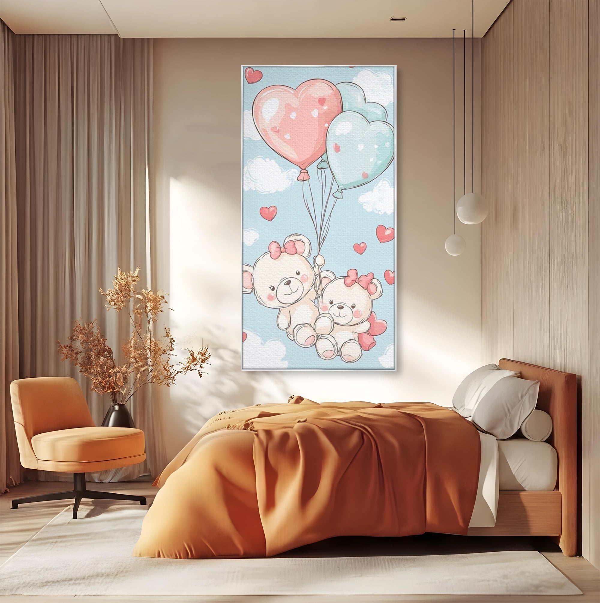 Tablou canvas cu ilustratie cu ursuleti zburand cu baloane, in rama de aluminiu argintiu, pe perete intr-un dormitor